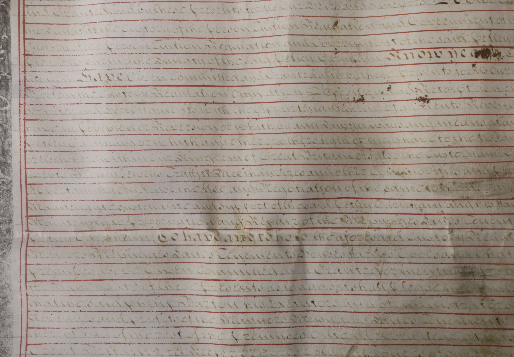 A George II Grant by letters patent of the estate of Petley Garnham of Chieveley in Berkshire, a lunatic; 28 Jan 1746, with wax great seal, 82cms wide x 68cms high